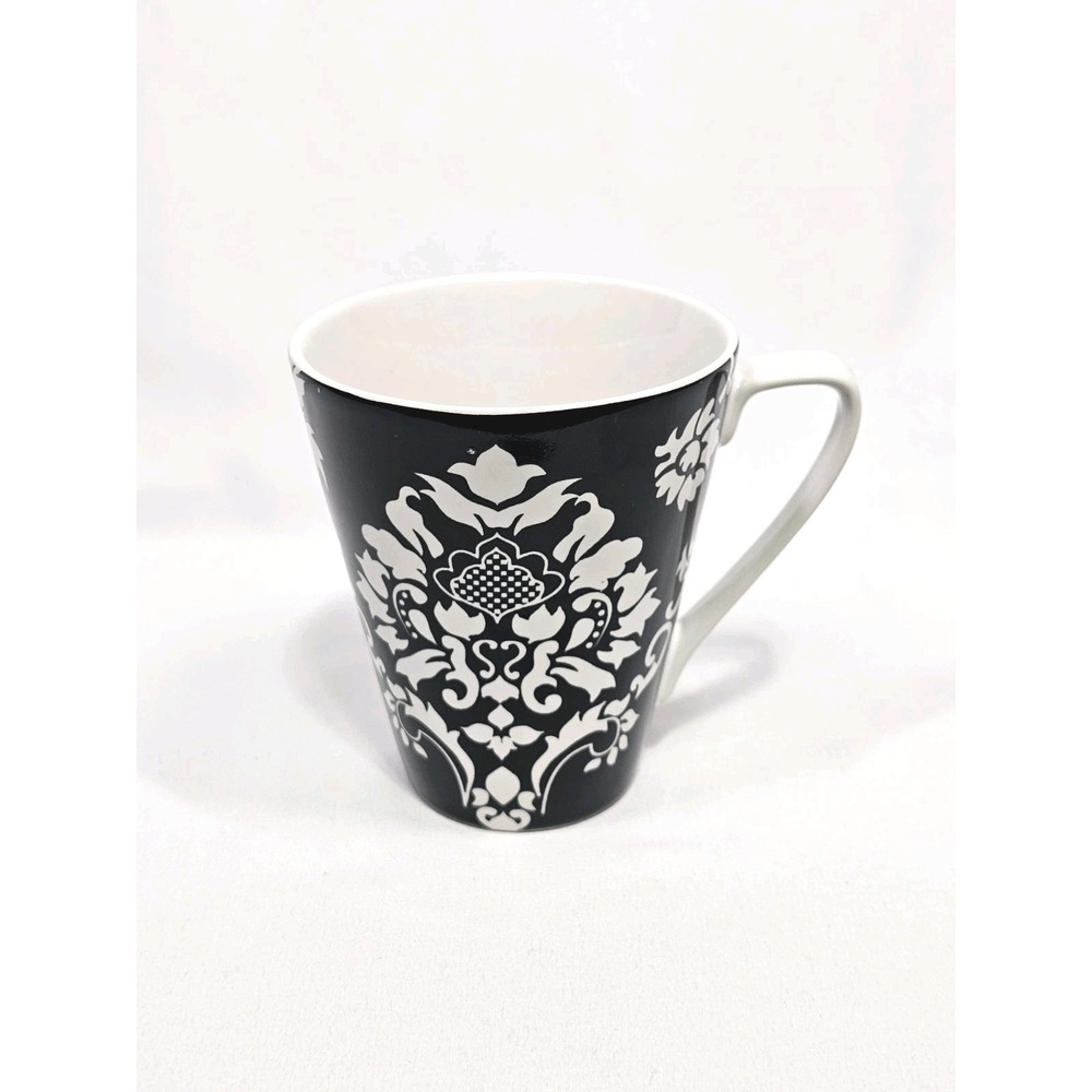 Decorative Design Stoneware Coffee Cup Black White Damask Beautiful Home Mug